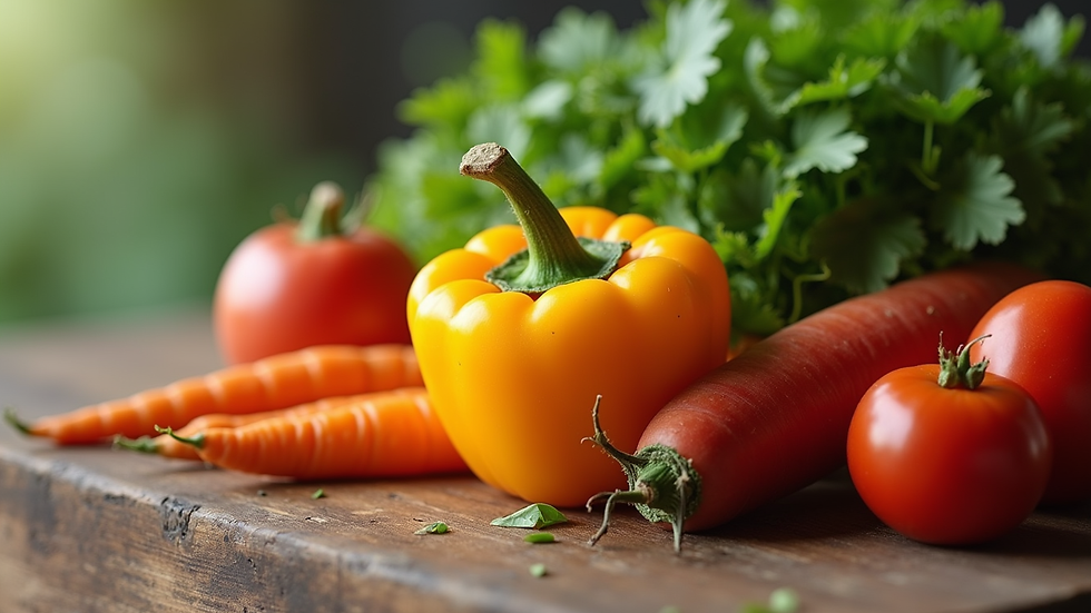 Close-up view of fresh organic vegetables on a wooden table