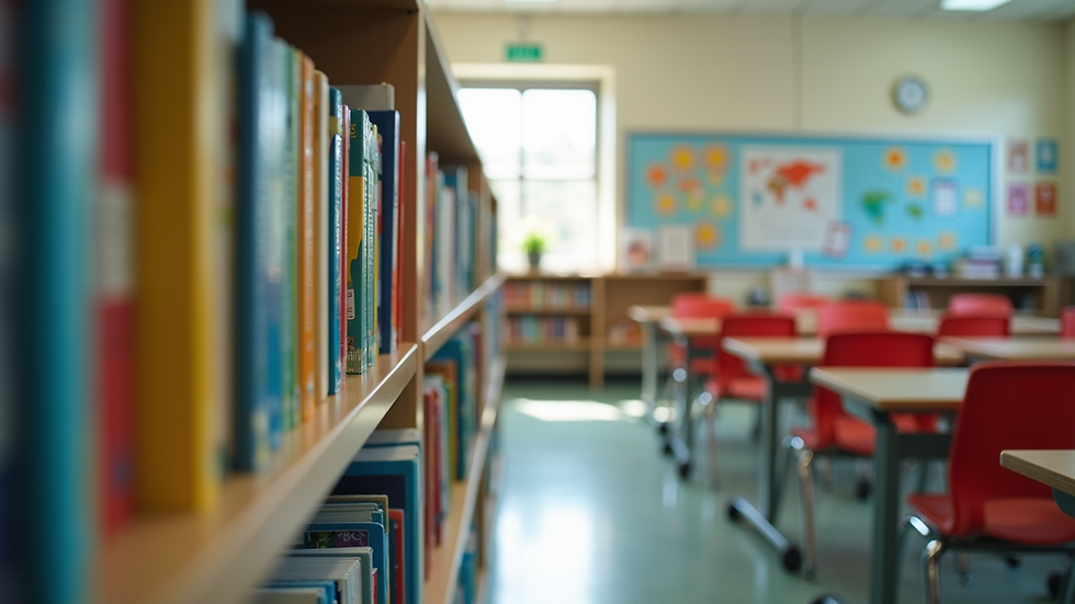 Eye-level view of a classroom shelf filled with colorful educational books and materials