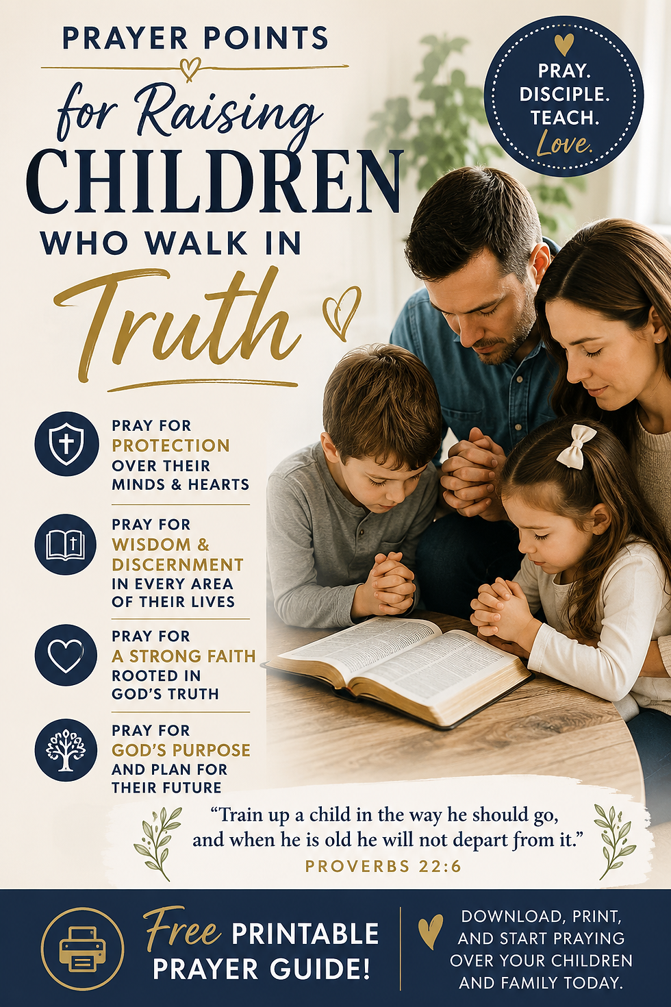 Poster with specific categories to pray over your children. 