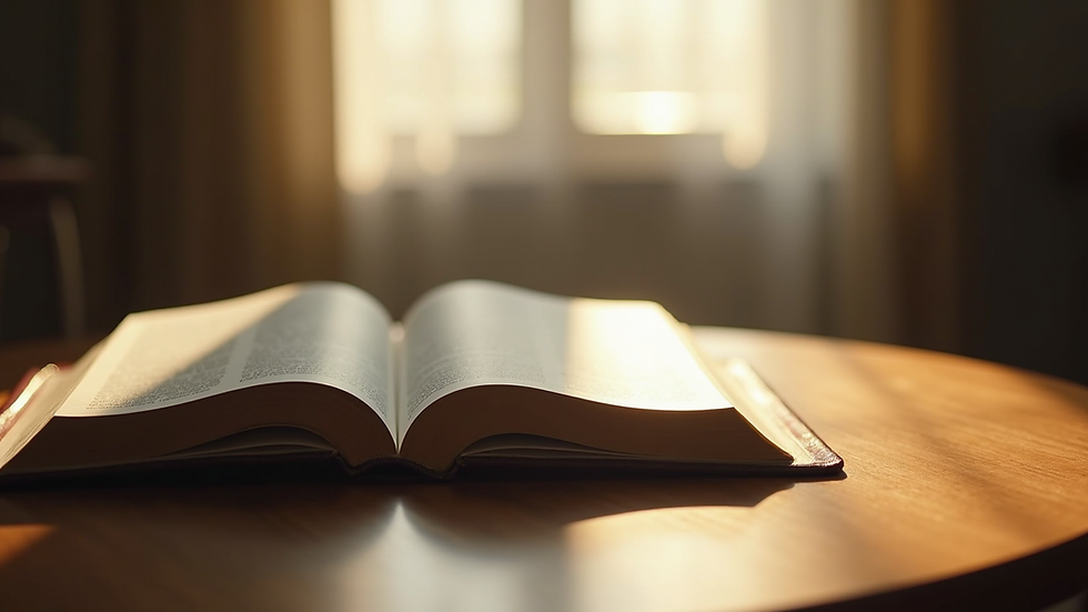 Eye-level view of open Bible on wooden table with soft natural light