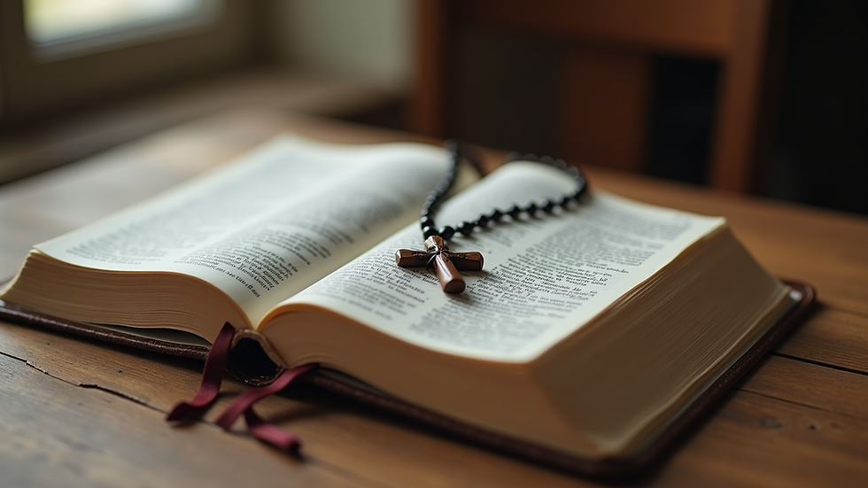 Eye-level view of a Bible open on a wooden table with a cross necklace