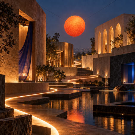 Four contemporary cultural thresholds are connected by a glowing path beneath a suspended abstract orange sun in a Delhi nightscape.