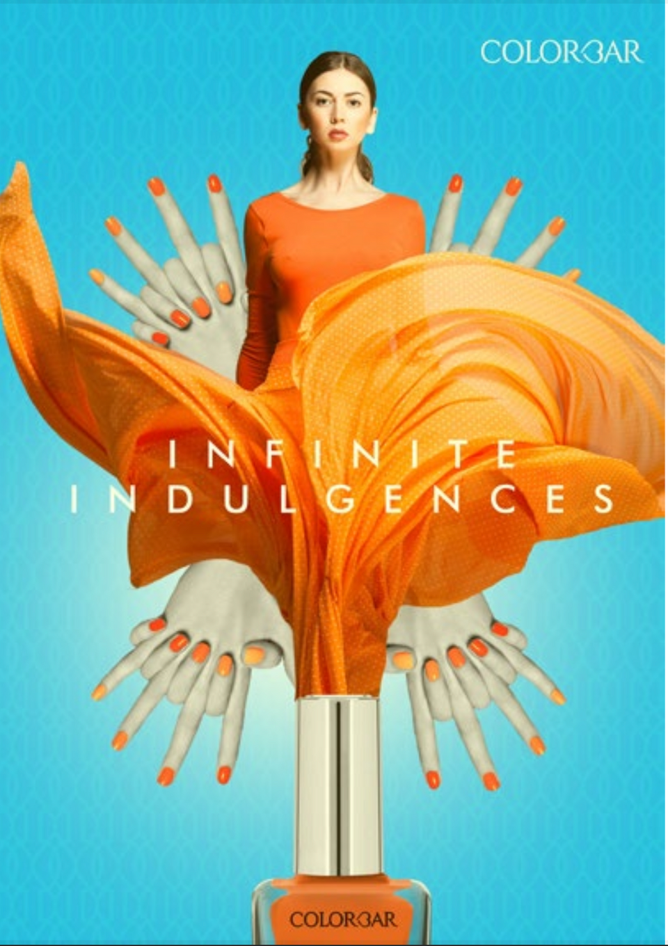 Promotional posters designed by Afternoon for Colorbar's 'Infinite Indulgences' campaign, featuring models in vibrant green and orange dresses with matching nail polish. The eye-catching visuals showcase Colorbar's nail polish shades, emphasizing luxury and indulgence with bold colors and intricate designs.