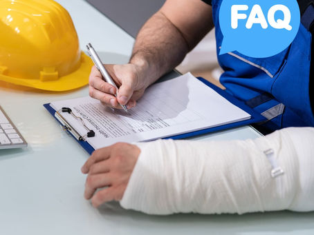 ACC. Auckland, Wellington, Christchurch. A man sitting at a table completing a form with a broken arm and a hard hat.