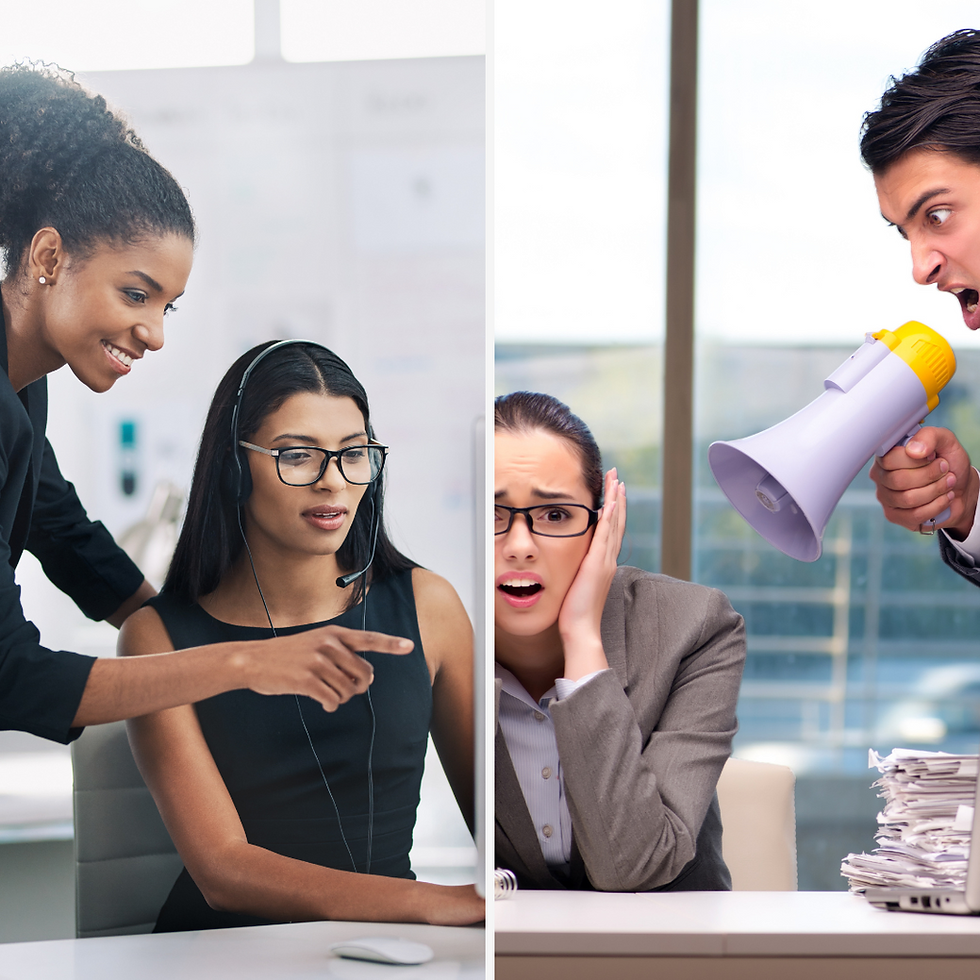 Split screen - manager helping employee on left, manager shouting at employee through megaphone on right.