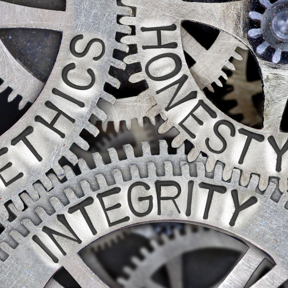 Good Faith. Auckland, Wellington, Christchurch. Gears with the words ethics, honesty and integrity.