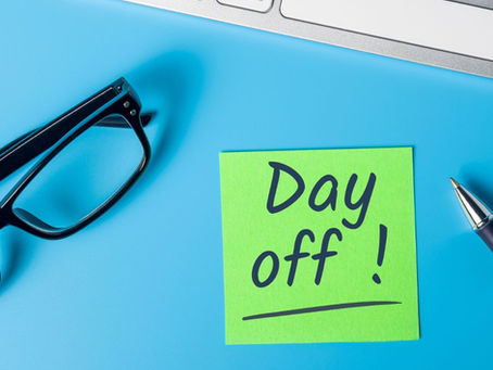 Employment Leave Act 2026. Auckland, Wellington, Christchurch. Post it note on desk with "Day Off!"