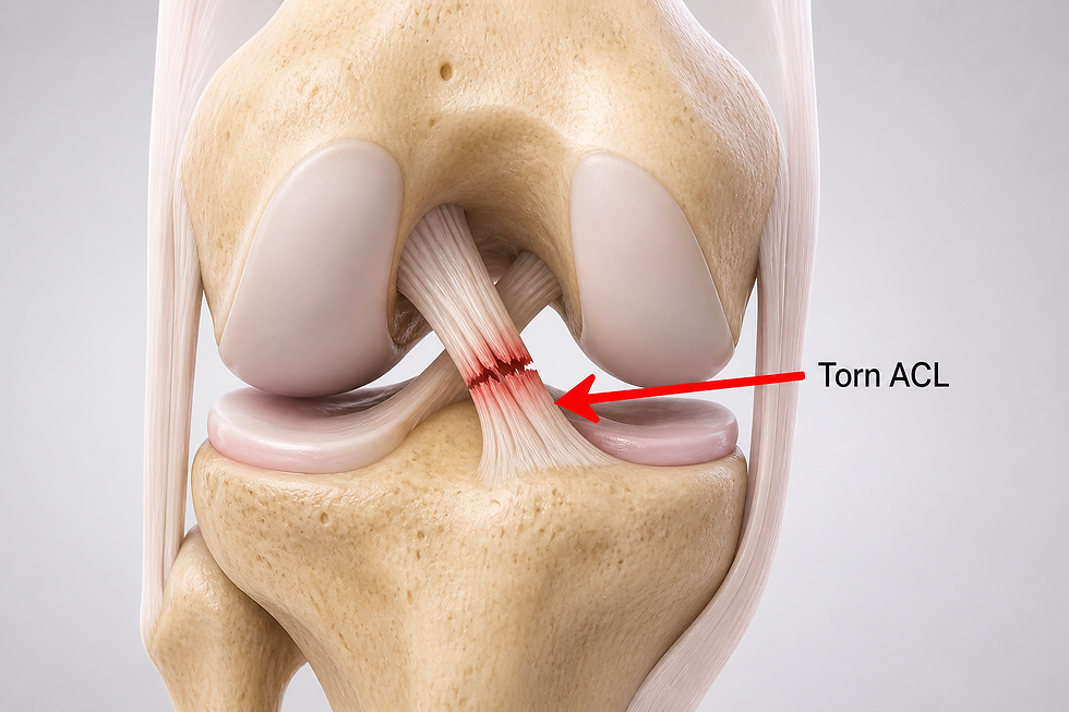 Illustration of torn ACL ligament in knee joint showing injury location with arrow