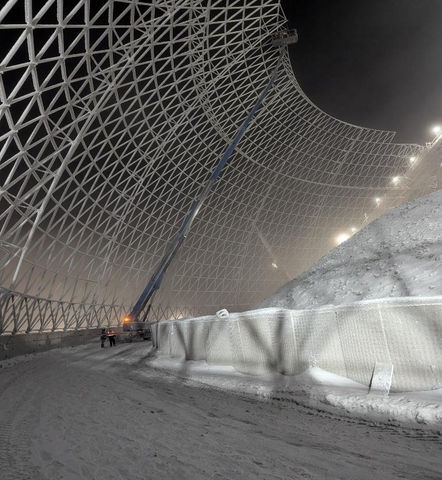 Construction of gold mine dome in evening