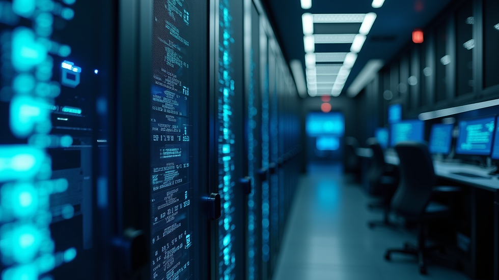 Close-up view of a server room with AI cybersecurity monitoring equipment