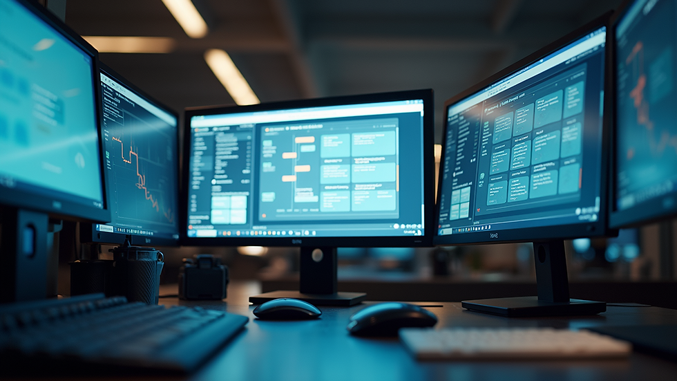 Eye-level view of a modern office workspace with multiple computer screens displaying workflow diagrams