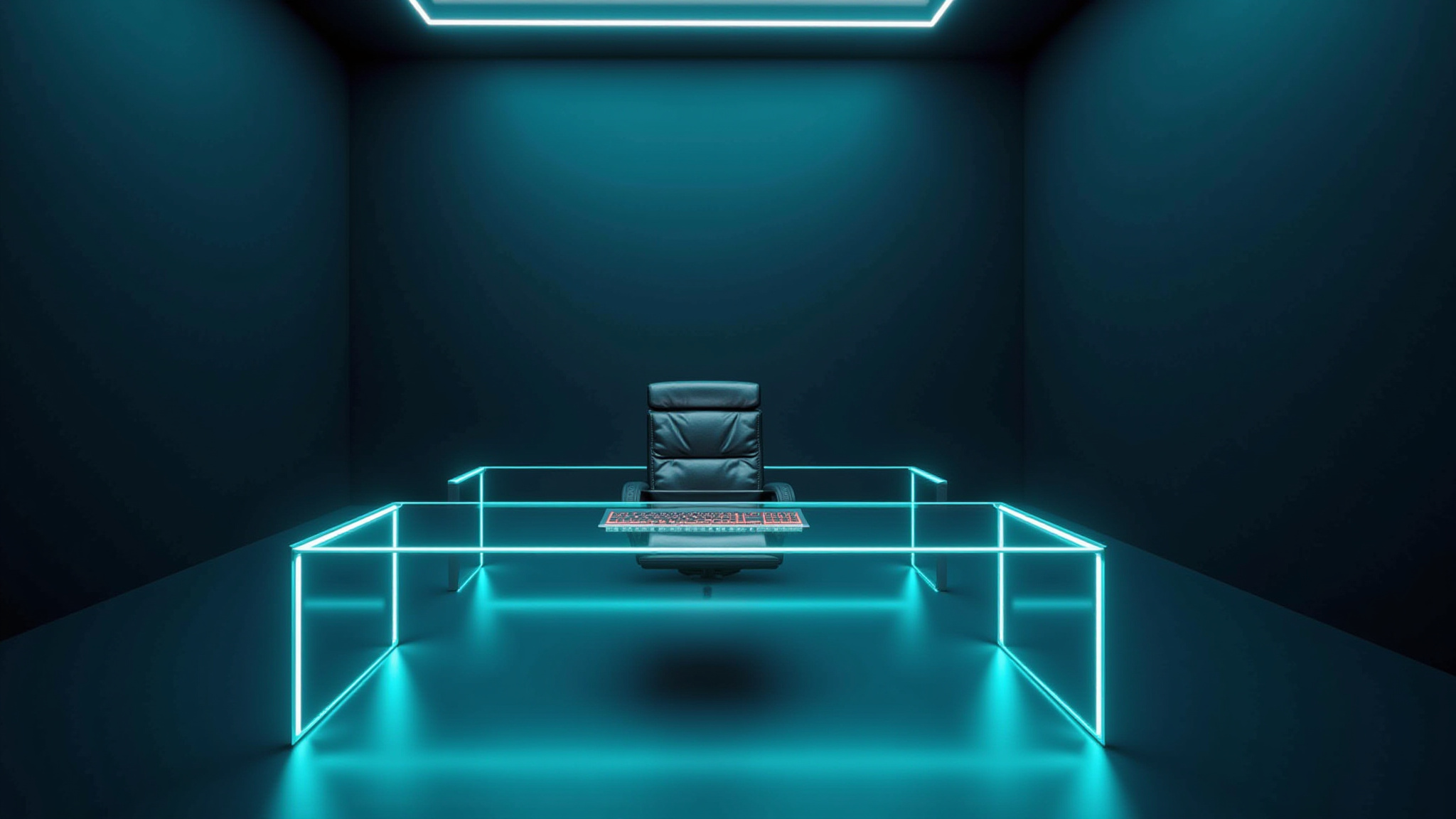 Futuristic office with neon-lit desk and chair