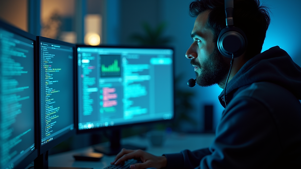 Close-up view of a cybersecurity professional using multiple monitors