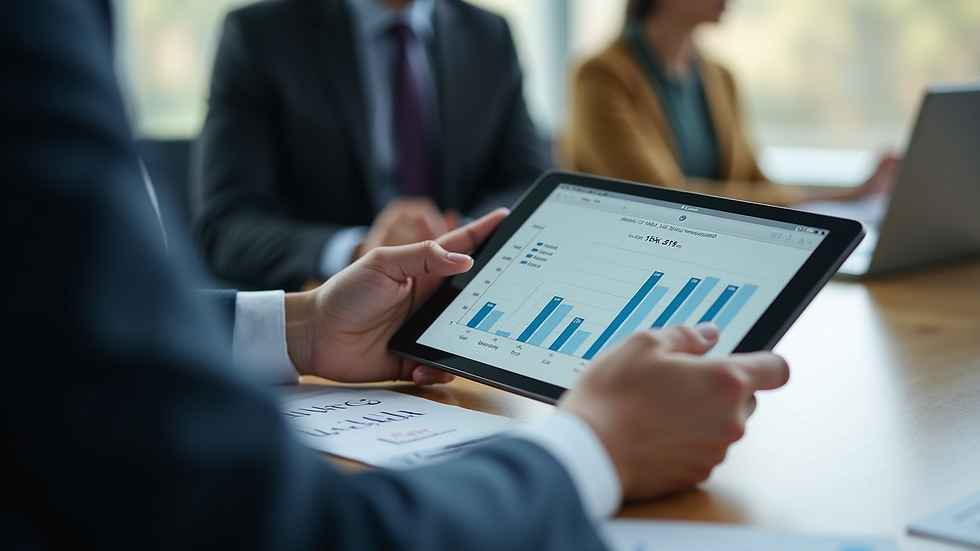 Close-up view of a business meeting discussing chatbot cost analysis on a digital tablet