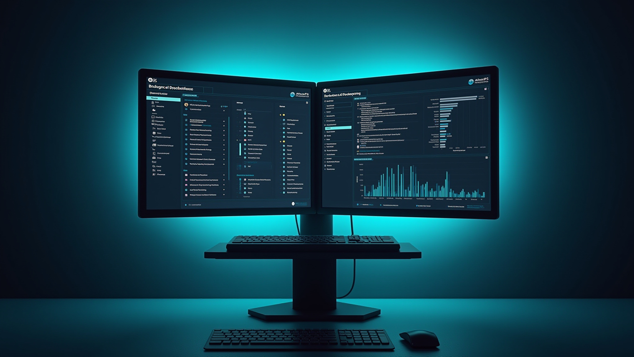 Dual monitors displaying code with blue glow