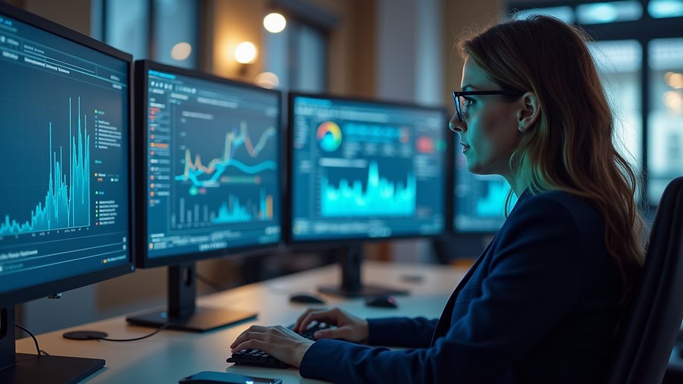 Eye-level view of a modern office workspace with multiple computer screens displaying data analytics