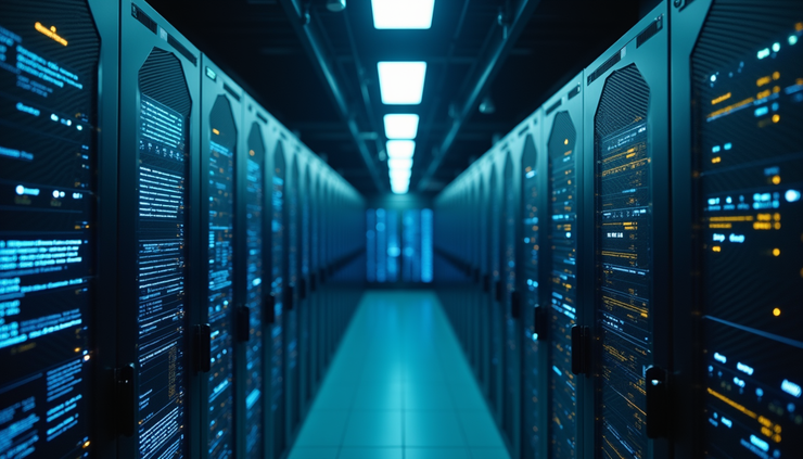 High angle view of a server room with AI-driven cybersecurity systems monitoring network traffic