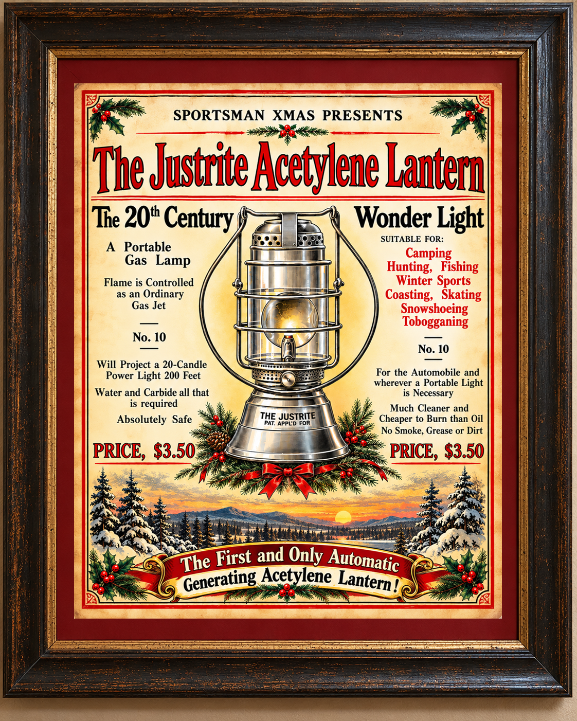 Justrite No.10 Acetylene Lantern Vintage Christmas Advertisement Print 16" × 20"