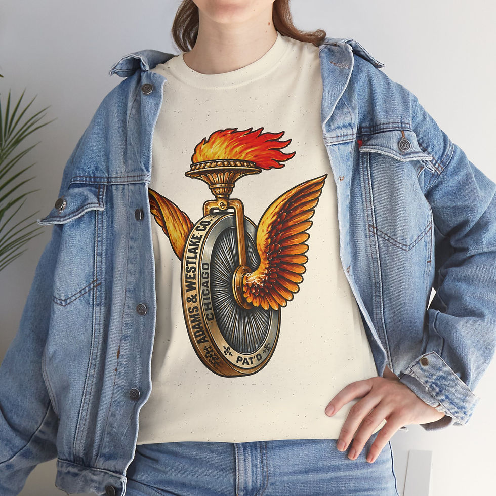 Thumbnail: Adams & Westlake Flying fire wheel logo Chicago lanterns   Heavy Cotton Tee 