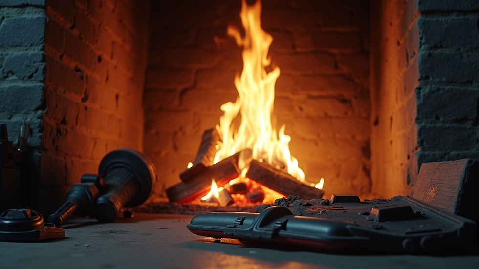 Eye-level view of a gas fire with a technician's toolkit nearby