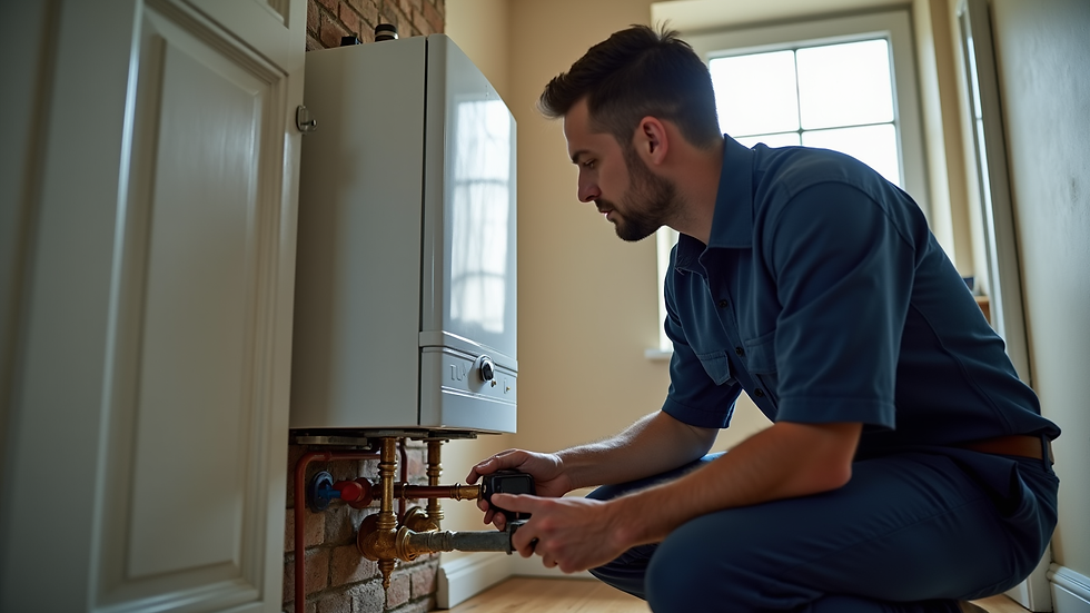 Eye-level view of a gas engineer inspecting a boiler in a residential property