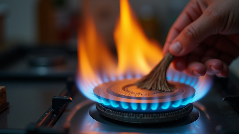 Close-up view of a gas fire burner being cleaned