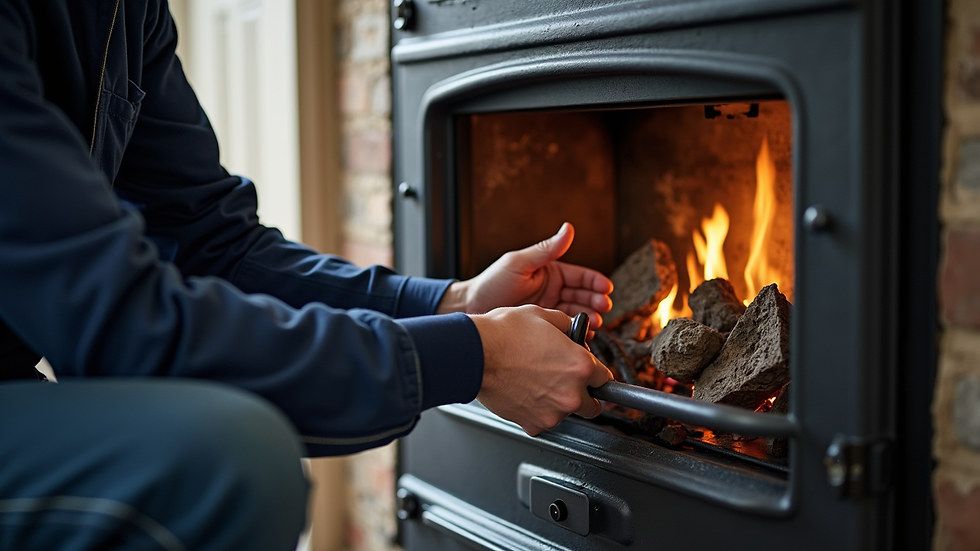 Close-up view of a technician servicing a gas fire in Grimsby