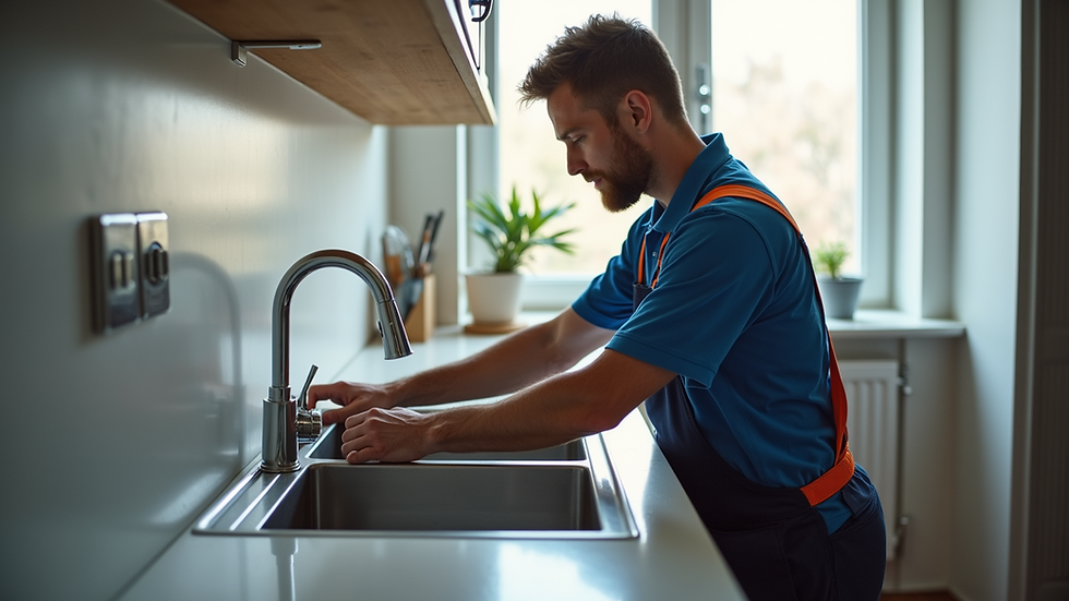 Eye-level view of a plumber fixing a kitchen sink in a modern home