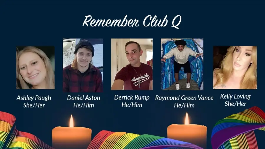 A navy blue background with five photos of the victims of the Club Q shooting. At the bottom a rainbow ribbon and two candles.