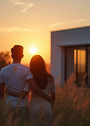 Fotografía de estilo de vida de una pareja sonriente admirando una casa moderna en Queréta