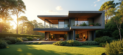 Modern-luxury-house-exterior-with-lush-gardens-under-blue-sky-landscape-photography-golden