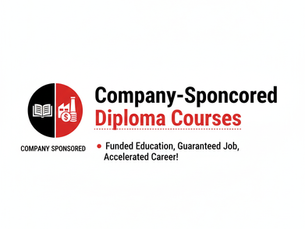 Company-Sponsored Diploma Courses banner showing funded education, guaranteed job placement, and accelerated career benefits with education and finance icons.