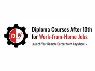 A professional blog header on a plain white background. The text reads "Diploma Courses After 10th for Work-from-Home Jobs" in bold black and red, with the sub-caption "Launch Your Remote Career from Anywhere." To the left, a black gear icon contains a red and white circle; the red side features a white "D" while the white side displays a red house icon with Wi-Fi signals, symbolizing the connection between education and remote connectivity.