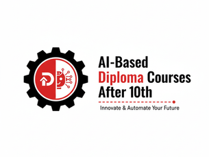 A professional blog graphic on a plain white background. The text reads "AI-Based Diploma Courses After 10th" in bold black and red, with the sub-caption "Innovate & Automate Your Future." To the left, a black gear icon features a split red and white circular badge; the red side shows a white "D" with an upward arrow, and the white side displays a red brain icon with circuitry, representing artificial intelligence and cognitive computing.