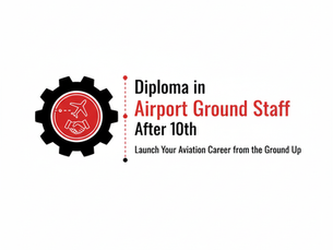 Graphic showing “Diploma in Airport Ground Staff After 10th” with aviation icons and the tagline “Launch Your Aviation Career from the Ground Up,” representing career opportunities in airport ground staff after 10th.