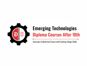 A professional and modern blog graphic on a plain white background. The text reads "Emerging Technologies Diploma Courses After 10th" in bold black and red lettering, with a sub-caption "Innovate & Build the Future with Cutting-Edge Skills." To the left, a black gear icon contains a split red and white circle; the red side features a "D" with an upward arrow, while the white side displays a red circuit network icon, symbolizing technical innovation.