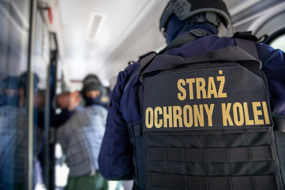 Funkcjonariusz Straży Ochrony Kolei z napisem "STRAŻ OCHRONY KOLEI" na plecach, stojący w pociągu podczas interwencji.