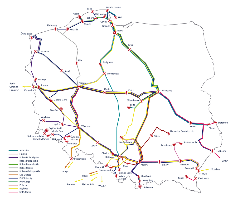 Mapa połączeń kolejowych w Polsce