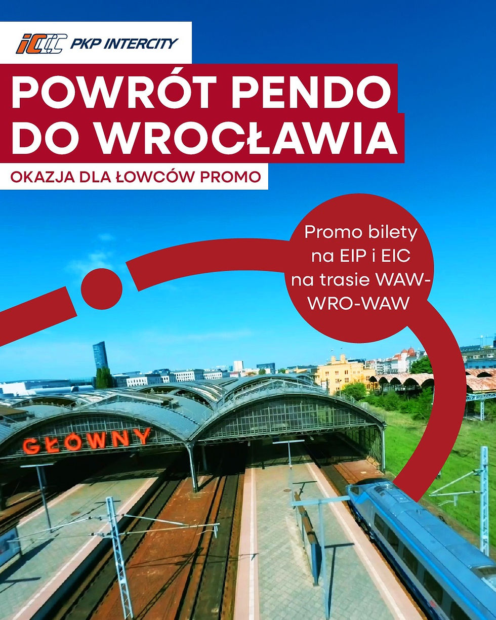 Grafika reklamowa PKP Intercity w kolorystyce biało-czerwono-niebieskiej. Na górze logo PKP Intercity. Poniżej na czerwonym tle widnieje duży, biały napis „POWRÓT PENDO DO WROCŁAWIA”, a pod nim mniejszy napis „OKAZJA DLA ŁOWCÓW PROMO”. Na ilustracji widać fragment dachu dworca kolejowego Wrocław Główny z napisem "GŁÓWNY", a na torach stoi pociąg Pendolino. W prawym górnym rogu znajduje się duża, czerwona strzałka, na której umieszczono biały napis „Promo bilety na EIP i EIC na trasie WAW-WRO-WAW”.