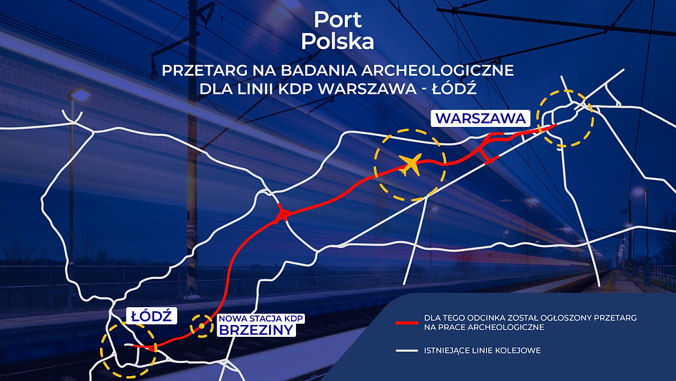 Mapa trasy kolejowej Warszawa – Łódź z zaznaczonym odcinkiem objętym przetargiem na badania archeologiczne