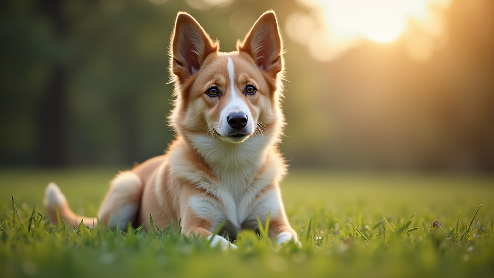 Eye-level view of a dog sitting obediently on a grassy field