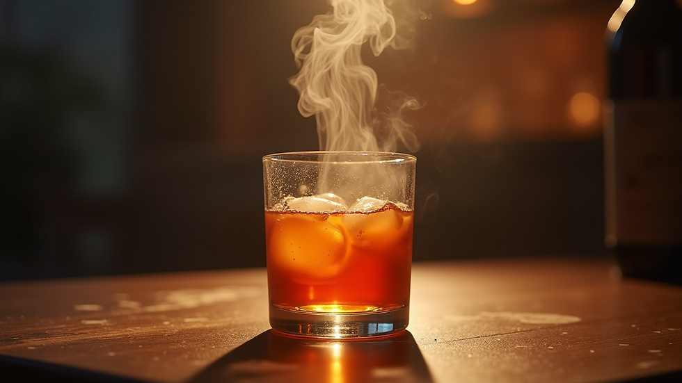 Eye-level view of a glass of mezcal with smoky aroma rising