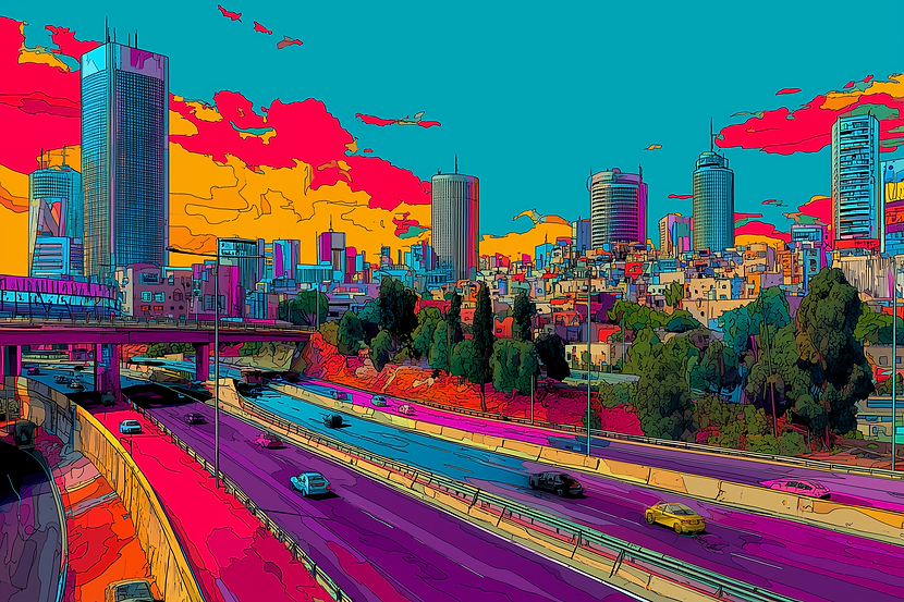 mooza5266_A_Japanese_stylized_cartoon_illustration_the_TEL_AVIV_e4a0a86b-8175-47b9-a91f-51