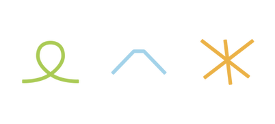 three small, colorful icons related to the Menil campus: Michael Heizer's earthwork, chroma's roofline, and Jim Love's jack s