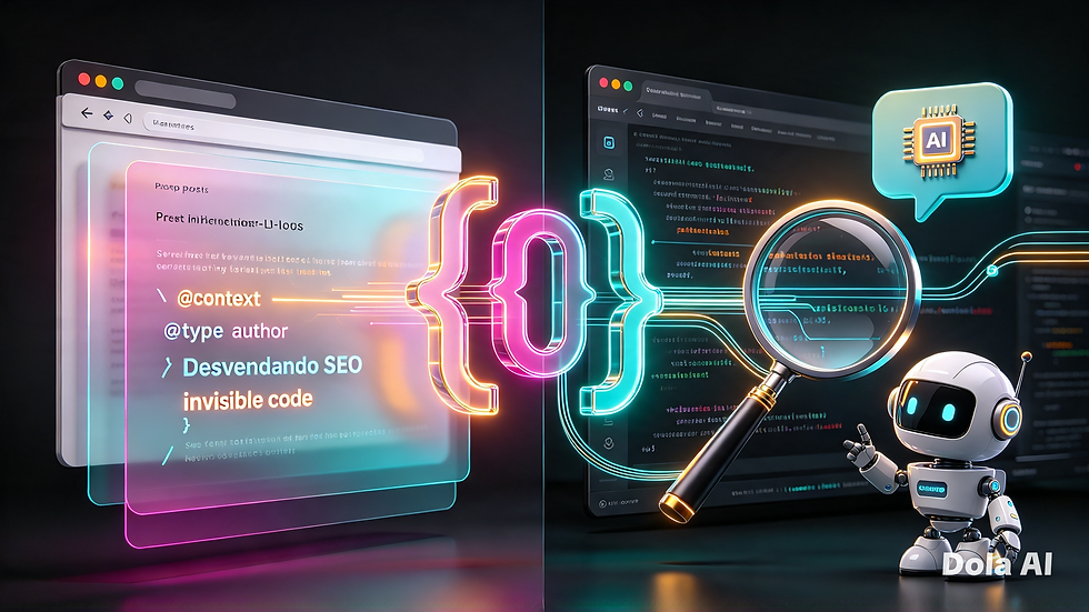 Ilustração de código Schema Markup em JSON-LD conectando um site ao Google e a assistentes de IA