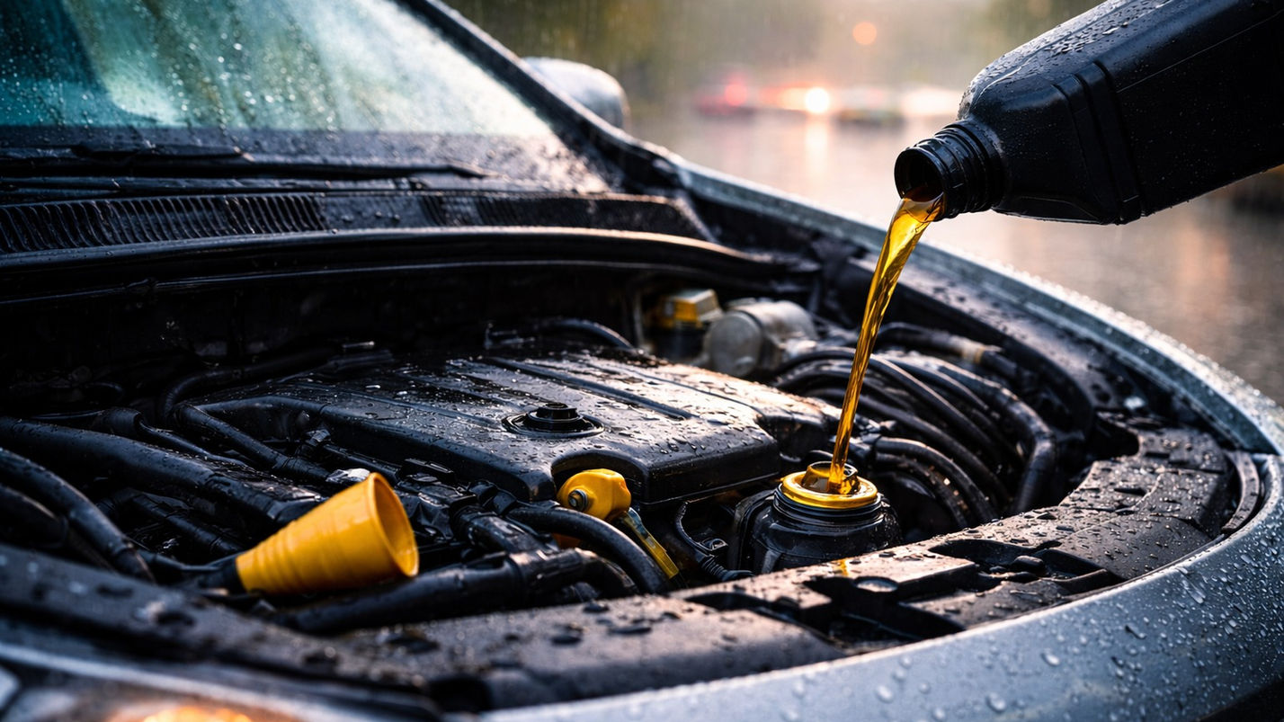 Óleo de motor sendo despejado no compartimento do motor de um carro, com o capô aberto, em um ambiente externo sob chuva