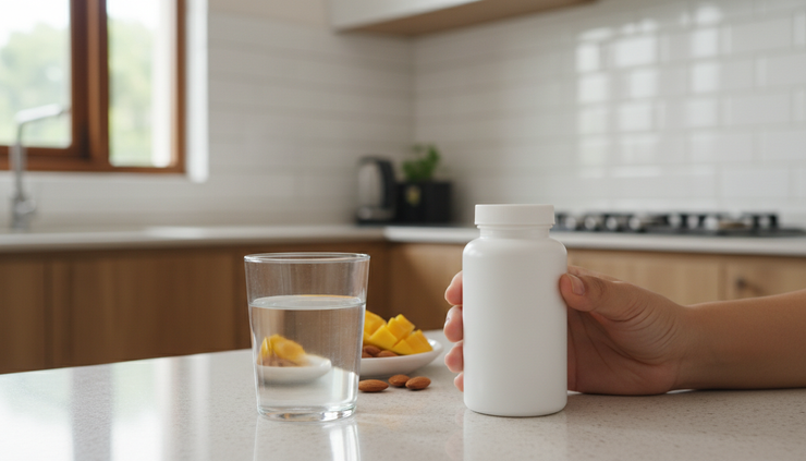 Eye-level view of a hand holding an unbranded vitamin D supplement bottle beside a glass of water on a kitchen counter.