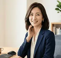 ホームオフィスで正しい姿勢を取り、清々しい笑顔を見せる30代の日本人女性