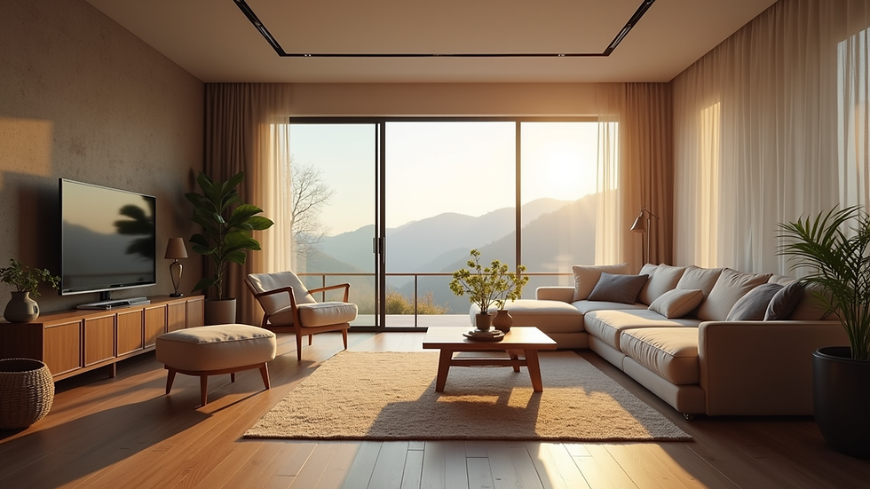 Eye-level view of a cozy living room set up for personal stretch session