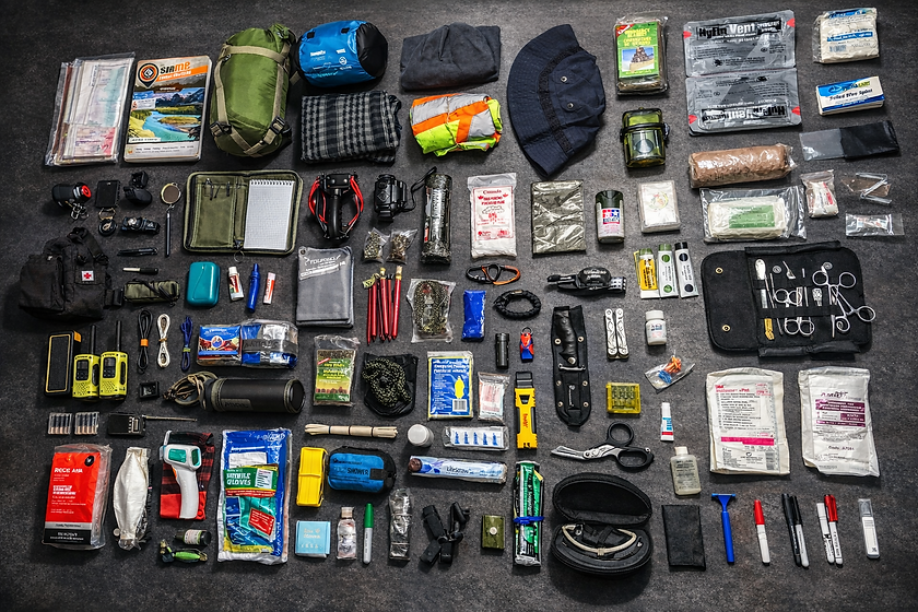 Survival gear assortment on charcoal surface.png